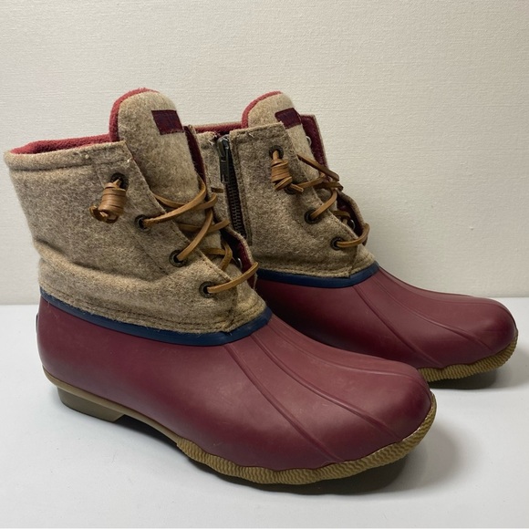 Sperry Saltwater Wool duck boots sz 8 Rubber Side Zip Fleece Lined red tan - Picture 1 of 9